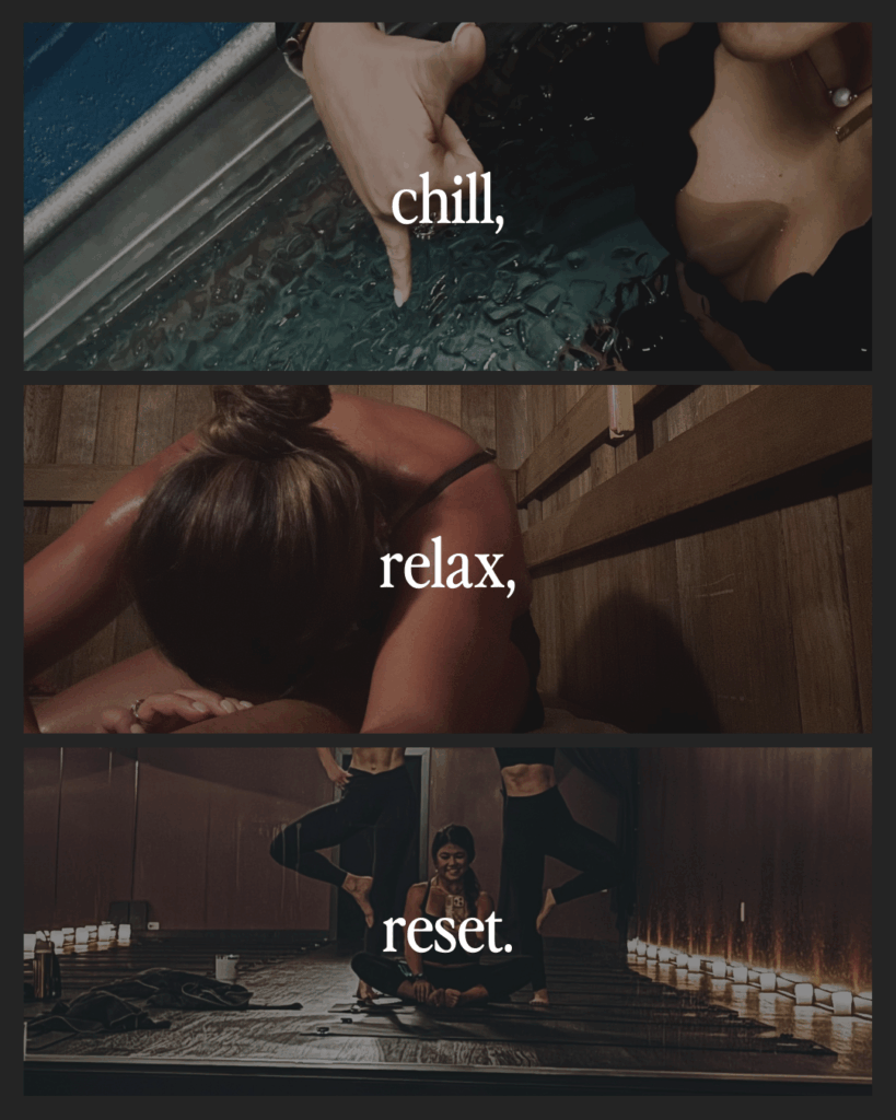 Fractional CMO and Founder of Brand + Growth Co., Tiffany Cooley unwinding in an ice bath, sauna, and yoga studio — real wellness moments focused on recovery, rest, and resetting stress.