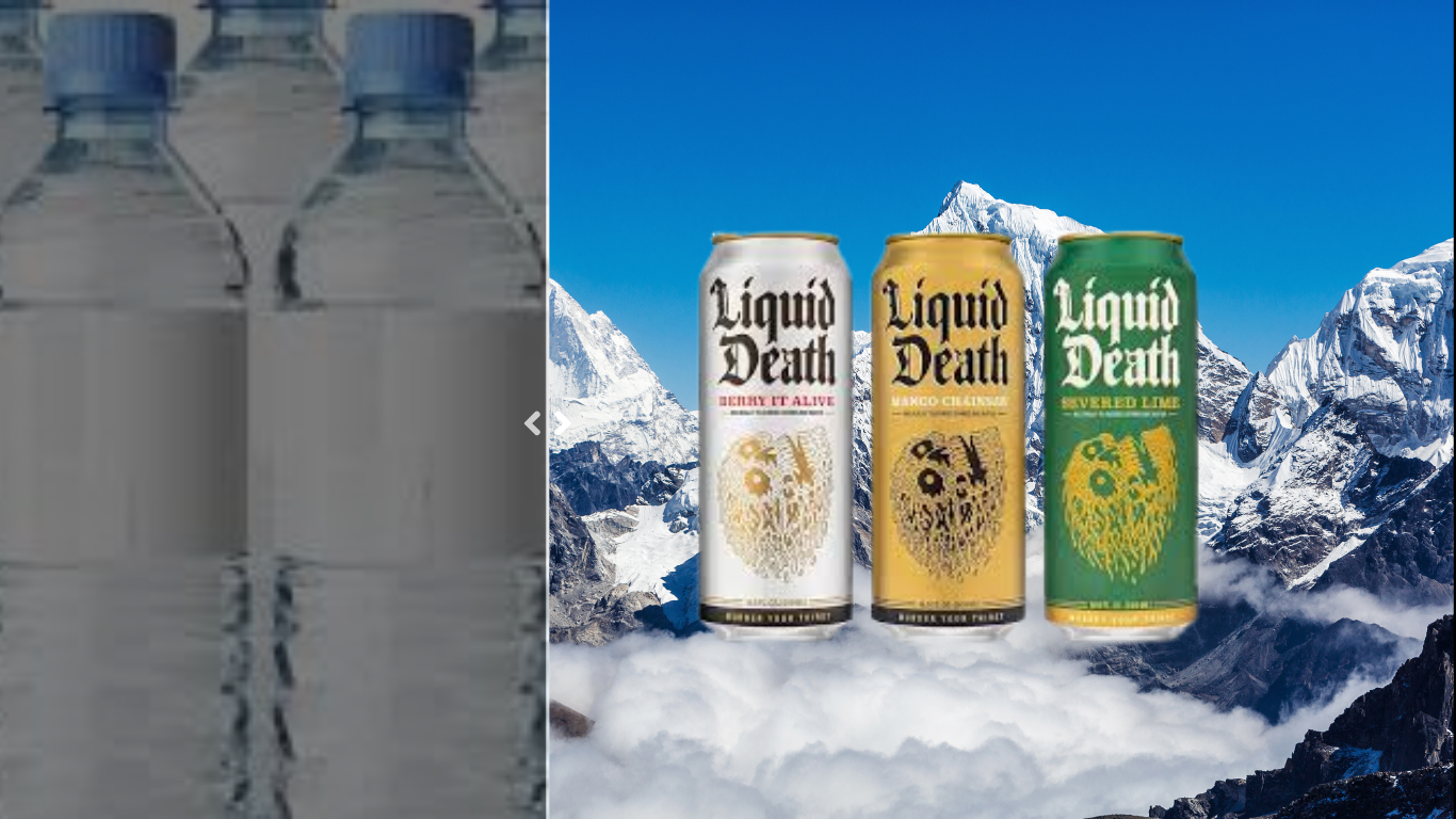 Before-and-after branding comparison showing plain bottled water versus Liquid Death cans, illustrating how bold differentiation outperforms generic aesthetic design.