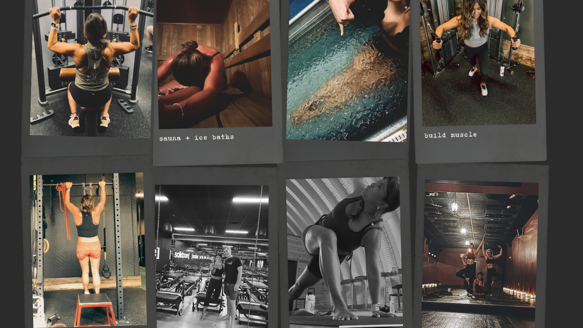 A collage of wellness images featuring Tiffany Cooley, Fractional CMO of Brand + Growth Co., weightlifting, practicing yoga, using a sauna, taking an ice bath, and working out at boutique studios. Visual representation of modern wellness habits including strength training, heat and cold therapy, and functional fitness.