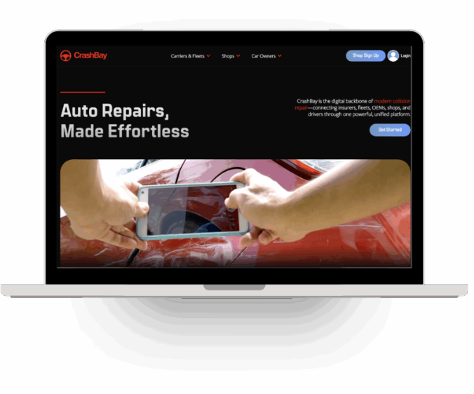 CrashBay 2.0 homepage redesign on laptop screen, part of the rebrand and growth strategy led by Fractional CMO Tiffany Cooley—focused on improving engagement quality and conversion performance.