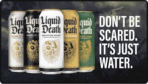 Cans of Liquid Death mountain water displayed together, representing a rebel brand that broke category norms and scaled through bold, unconventional branding.