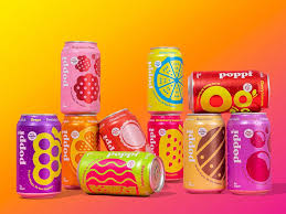 Colorful Poppi soda cans displayed against a bright background, showcasing the brand’s bold, differentiated packaging that stands out in the crowded beverage category.